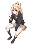  alternate_costume artist_name bangs between_legs black_cardigan black_legwear blonde_hair braid brown_footwear brown_skirt cellphone collared_shirt eiri_(eirri) eyebrows_visible_through_hair fate/apocrypha fate_(series) full_body green_eyes hair_flaps hand_between_legs holding holding_cellphone holding_phone kneehighs loafers long_hair long_sleeves looking_at_viewer mordred_(fate) mordred_(fate)_(all) phone pleated_skirt ponytail school_uniform shirt shoes sidelocks signature simple_background sitting skirt solo white_background white_shirt 