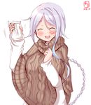  alternate_costume braid brown_sweater closed_eyes commentary_request highres kanon_(kurogane_knights) kantai_collection long_hair open_mouth packet silver_hair simple_background single_braid smile solo sweater umikaze_(kantai_collection) very_long_hair white_background 