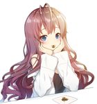  :3 antenna_hair blue_eyes blush brown_hair closed_mouth cookie eyes food gradient_hair hands_on_own_cheeks hands_on_own_face ichinose_shiki idolmaster idolmaster_cinderella_girls labcoat long_hair long_sleeves mouth_hold multicolored_hair off_shoulder open_clothes purple_hair shiny shiny_hair simple_background smile solo strap_slip table tank_top tp_(kido_94) upper_body very_long_hair wavy_hair white_background 