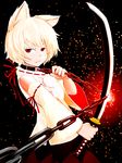  :/ animal_ears bangs bare_shoulders black_skirt blonde_hair broken broken_chain chain chained closed_mouth collar commentary_request detached_sleeves dog_collar half-closed_eyes hand_up highres holding holding_sword holding_weapon inubashiri_momiji jakomurashi japanese_clothes katana leash looking_at_viewer multicolored multicolored_clothes multicolored_skirt no_hat no_headwear no_tail outstretched_arm pom_pom_(clothes) red_eyes red_ribbon red_skirt ribbon ribbon-trimmed_sleeves ribbon_trim shirt short_hair skirt sleeveless sleeveless_shirt solo sparks standing sword touhou upper_body weapon wide_sleeves wolf_ears 