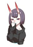  alternate_costume artist_name black_sweater blush closed_mouth collarbone cropped_torso eiri_(eirri) fate/grand_order fate_(series) horns long_sleeves looking_at_viewer oni oni_horns purple_eyes purple_hair short_hair shuten_douji_(fate/grand_order) signature simple_background sleeves_past_wrists smile solo sweater white_background 