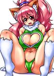  1girl animal_ears bare_legs bare_shoulders breasts cat_ears curvy female happy highleg_leotard highres large_breasts leotard looking_at_viewer partially_visible_vulva paw_print perisie_(star_ocean) pink_hair ponytail red_eyes ryoi shiny shiny_clothes shiny_hair shiny_skin sitting smile solo star_ocean star_ocean_first_departure tail thick_thighs thighhighs thighs thong_leotard very_long_hair 