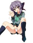  blush brown_eyes fingering hair_ornament hair_ribbon hiiragi_shinoa kneehighs looking_at_viewer masturbation navy_blue_legwear no_shoes open_mouth ouhashi owari_no_seraph panties purple_hair ribbon school_uniform simple_background smile socks spread_legs sweat underwear white_background white_panties 