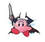  blue_eyes blue_fire blush_stickers brown_cape cosplay eiri_(eirri) fate/grand_order fate_(series) fire full_body holding holding_sword holding_weapon horns king_hassan_(fate/grand_order) king_hassan_(fate/grand_order)_(cosplay) kirby kirby_(series) lowres no_humans signature simple_background solo sword v-shaped_eyebrows weapon white_background 
