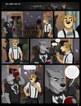  ... 2018 andrew_oleander anthro beverage blue_eyes bow_tie brown_eyes brown_fur canine clothing comic cooper_estevez dialogue dog eye_contact fur grey_fur inside jackaloo male mammal party shelf suspenders wolf 