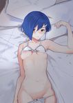  bed blue_hair bow bow_bra bow_panties bra breasts collarbone commentary_request darling_in_the_franxx green_eyes hair_ornament hairclip ichigo_(darling_in_the_franxx) lingerie lying nipples on_back panties pillow pubic_hair seinen short_hair small_breasts solo underwear underwear_only white_panties 