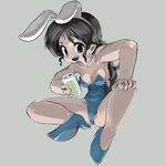  animal_ears black_hair blue blue_leotard breasts bunny_ears bunny_girl bunnysuit can cleavage ear fake_animal_ears full_body gobori grey_background hair_behind_ear hairband hand_on_own_knee high_heels holding holding_can leotard long_hair looking_at_viewer medium_breasts open_mouth original pixel_art shoes simple_background sitting smile solo strapless strapless_leotard 