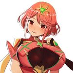  :d bangs blush breasts commentary_request earrings fingerless_gloves fou_zi gloves half-closed_eyes homura_(xenoblade_2) jewelry large_breasts looking_to_the_side open_mouth red_eyes red_hair short_hair smile solo swept_bangs tiara upper_body xenoblade_(series) xenoblade_2 