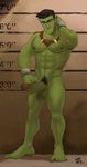  1boy abs barefoot erection feet full_body green_skin kupo_klein male_focus muscle nude orc pecs penis pointy_ears presenting solo testicles toes 