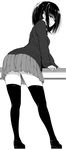  absurdres ass bangs blush commentary_request from_behind greyscale hair_ornament hairclip highres hoshizuki_kaede kyokucho loafers looking_at_viewer looking_back miniskirt monochrome nose_blush original pleated_skirt school_uniform shoes short_hair sidelocks skirt sleeves_past_wrists solo standing sweater thighhighs thighs zettai_ryouiki 