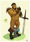  1girl 2boys bara fairy flaccid foreskin full_body grass kupo_klein male_focus multiple_boys muscle orc penis size_difference sword undressing weapon 