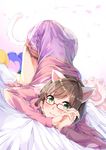  absurdres anemone_noa animal_ears blush brown_hair cat_ears cat_tail fang fingers_together glasses green_eyes highres idolmaster idolmaster_cinderella_girls interlocked_fingers looking_at_viewer maekawa_miku short_hair solo tail 