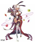  1girl aisha_(dare_ga_tame_no_alchemist) animal_ears belt boots breasts bunny_ears checkered dare_ga_tame_no_alchemist dark_skin dice gloves hair_ribbon holding holding_tray large_breasts looking_at_viewer official_art open_clothes purple_eyes ribbon smile solo thigh_boots thighhighs tied_hair tray white_gloves white_hair 