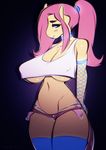  2018 anthro anthrofied big_breasts black_eyebrows blue_clothing blue_eyes blue_legwear blue_stockings breasts choker cleavage clothed clothing crop_top cutie_mark digital_media_(artwork) equine eyebrows female fishnet fluttershy_(mlp) friendship_is_magic front_view fur gradient_background hair hi_res horse huge_breasts legwear lipstick long_hair looking_at_viewer makeup mammal midriff my_little_pony pink_bottomwear pink_clothing pink_hair pink_shorts pink_tail pony ponytail portrait shirt shorts simple_background solo standing stockings three-quarter_portrait tsudamaku watermark white_clothing white_shirt white_topwear yellow_fur 