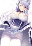  apron azur_lane bangs belfast_(azur_lane) braid breasts chain collar corset french_braid frilled_apron frilled_skirt frills gloves ikeya_(ikeya314) jpeg_artifacts large_breasts long_hair maid maid_apron maid_headdress pantyhose silver_hair skirt skirt_lift smile white_apron white_gloves white_legwear 