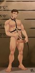  1boy barefoot collar erection facial_hair full_body kupo_klein leash male_focus muscle nude penis smile solo testicles 