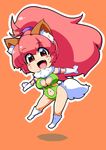  1girl animal_ears bare_legs bare_shoulders breasts cat_ears chibi curvy fangs female full_body happy highleg_leotard highres jumping large_breasts leotard looking_at_viewer open_mouth paw_print perisie_(star_ocean) pink_hair ponytail red_eyes ryoi shiny shiny_clothes shiny_hair shiny_skin smile solo standing star_ocean star_ocean_first_departure thick_thighs thighhighs thighs thong_leotard very_long_hair 