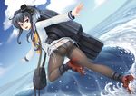  anchor_symbol ass barbariank brown_eyes cloud commentary day from_behind grey_hair highres kantai_collection looking_at_viewer looking_back ocean open_mouth outdoors panties pantyhose red_footwear side-tie_panties sky solo tokitsukaze_(kantai_collection) torpedo_tubes turret underwear waves 
