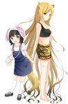  :d absurdly_long_hair animal_ears animal_print bangs bare_arms bare_shoulders barefoot black_footwear black_hair black_tank_top blonde_hair blunt_bangs breasts bunny_ears closed_mouth collarbone crop_top eyebrows_visible_through_hair highres inahori kneehighs long_hair looking_at_viewer looking_to_the_side multiple_girls open_mouth original overall_skirt print_shorts puffy_short_sleeves puffy_sleeves purple_eyes scratches shirt shoes short_shorts short_sleeves shorts simple_background small_breasts smile sneakers standing tank_top tiger_print upper_teeth very_long_hair white_background white_legwear white_shirt yellow_eyes 