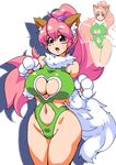  1girl animal_ears bare_legs bare_shoulders breasts cat_ears cleavage cleavage_cutout curvy female heart_cutout highleg_leotard highres large_breasts leotard partially_visible_vulva paw_print perisie_(star_ocean) pink_hair ponytail red_eyes ryoi shiny shiny_clothes shiny_hair shiny_skin simple_background smile solo star_ocean star_ocean_first_departure tail thick_thighs thighhighs thighs thong_leotard very_long_hair 