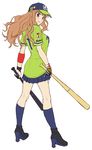  :3 baseball_bat baseball_cap baseball_jersey blue_hat blue_legwear blue_skirt breasts brown_hair dual_wielding from_behind full_body green_shirt hat high_heels holding holding_baseball_bat idolmaster idolmaster_cinderella_girls kneehighs large_breasts long_hair moroboshi_kirari nigou nippon_professional_baseball pleated_skirt shirt simple_background skirt solo star tokyo_yakult_swallows white_background 