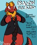  2018 anthro balls bottomless clothed clothing digital_media_(artwork) dragon eastern_dragon erection fur hair horn magazine male penis reptile scalie simple_background solo suit text trout_(artist) 