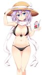  adjusting_clothes adjusting_hat alternate_headwear bare_arms bare_shoulders bikini black_bikini blue_eyes blush breasts commentary feet_out_of_frame food hair_between_eyes hat hat_ribbon head_tilt highres holding holding_food large_breasts lavender_hair legs_together letty_whiterock looking_at_viewer maturiuta_sorato navel ribbon scarf shaved_ice short_hair simple_background smile solo standing straw_hat swimsuit touhou translated white_background white_ribbon white_scarf 