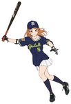  baseball_bat baseball_cap baseball_jersey black_footwear bracelet earrings elbow_pads full_body gloves hat holding_baseball_bat houjou_karen idolmaster idolmaster_cinderella_girls jewelry kneehighs left-handed long_hair navy_blue_legwear navy_blue_shirt necklace nigou nippon_professional_baseball orange_hair pleated_skirt simple_background skirt smile solo swinging tokyo_yakult_swallows white_background white_skirt 