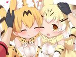  ^_^ animal_ears black_gloves blonde_hair blush bow bowtie brown_eyes cat_ears cat_tail cheek-to-cheek closed_eyes commentary elbow_gloves extra_ears eyebrows_visible_through_hair female_pov gloves hands_on_another's_head heart highres kaban_(kemono_friends) kemono_friends looking_at_viewer makuran multiple_girls one_eye_closed out_of_frame petting pov pov_hands print_gloves print_neckwear sand_cat_(kemono_friends) sand_cat_print serval_(kemono_friends) serval_ears serval_print serval_tail shirt short_sleeves simple_background sleeveless sleeveless_shirt smile tail upper_body white_background 