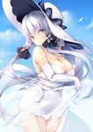  azur_lane bangs bare_shoulders bit_(keikou_syrup) blue_eyes blue_sky blush breasts cleavage closed_mouth commentary_request day dress elbow_gloves eyebrows_visible_through_hair garter_straps gloves hair_ornament hat highres illustrious_(azur_lane) large_breasts long_hair looking_at_viewer outdoors short_dress silver_hair sky smile solo sun_hat thighhighs very_long_hair white_dress white_gloves white_legwear 