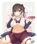  bad_id bad_pixiv_id bangs blush breasts brown_eyes brown_hair cardigan chocolate closed_mouth collarbone collared_shirt commentary_request curvy dated eyebrows_visible_through_hair jewelry large_breasts lips looking_at_viewer navel necklace open_cardigan open_clothes open_shirt original pleated_skirt purple_skirt school_uniform shikino_yuki shirt side_ponytail sitting skirt smile solo spread_legs thighs valentine wing_collar 