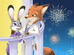  2018 4:3 akee_ck anthro balcony canine clothed clothing dipstick_ears dipstick_tail disney duo female fireworks fox fur green_eyes hi_res judy_hopps lagomorph male mammal multicolored_fur multicolored_tail nick_wilde open_mouth open_smile purple_eyes rabbit size_difference smile two_tone_fur zootopia 
