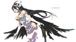  afh5nsar albedo bare_shoulders black_hair black_wings breasts demon_girl demon_horns demon_wings dress gloves hair_between_eyes highres horns large_breasts long_hair looking_at_viewer open_mouth overlord_(maruyama) simple_background solo white_dress white_gloves wings yellow_eyes 