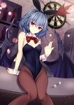  alternate_costume animal_ears bare_arms bare_shoulders bat_wings blue_hair blurry blurry_background bottle bow bowtie breasts bunny_ears bunnysuit commentary_request dartboard dice fake_animal_ears feet_out_of_frame fingernails hair_between_eyes head_tilt highres knees_together_feet_apart looking_at_viewer nail_polish pantyhose polearm red_bow red_eyes red_nails red_neckwear remilia_scarlet sharp_fingernails shelf short_hair sinkai sitting small_breasts smile solo spear spear_the_gungnir touhou weapon wings wrist_cuffs 