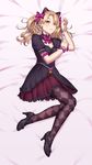  absurdres alternate_costume animal_ears argyle argyle_legwear bead_bracelet beads bed_sheet black_cat_d.va black_dress black_footwear blonde_hair bow bowtie bracelet breasts brown_eyes cat_ears checkered checkered_legwear cleavage d.va_(overwatch) dakimakura dress earrings frilled_dress frilled_skirt frills full_body heart heart_earrings highres jewelry kokoala lolita_fashion looking_at_viewer lying medium_hair on_side overwatch pantyhose parted_lips pink_background pink_bow puffy_short_sleeves puffy_sleeves purple_legwear purple_skirt shoes short_sleeves skirt small_breasts smile solo twintails 