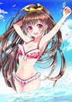  :d arm_up bikini blue_sky blush bow breasts brown_hair cloud day frilled_bikini frills groin long_hair looking_at_viewer medium_breasts moe2018 navel open_mouth original outdoors red_eyes sky smile standing swimsuit water_drop yellow_bow yuki_(siroikona) 