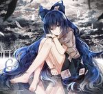  barefoot black_skirt blue_eyes blue_hair cloud debt dx7537 eyebrows_visible_through_hair full_body hand_on_own_knee hood hoodie long_hair looking_at_viewer messy_hair no_panties outdoors paper reflection sitting skirt solo torii touhou tree very_long_hair winter yorigami_shion 
