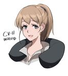  bitchcraft123 brown_hair intrepid_(kantai_collection) kantai_collection md5_mismatch neck_pillow open_mouth ponytail red_eyes short_hair short_ponytail simple_background upper_body white_background 