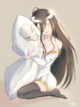  albedo bare_shoulders black_hair black_wings breasts demon_girl demon_horns demon_wings dress hair_between_eyes highres horns large_breasts long_hair looking_at_viewer open_mouth overlord_(maruyama) simple_background smile solo thighhighs vchan white_dress wings yellow_eyes 