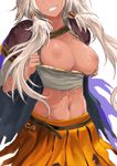  :d black_cape breasts breasts_outside cape carlin_(chain_chronicle) chain_chronicle crop_top dark_skin grin head_out_of_frame head_tilt highres kyaro_(kyaro54) long_hair low_twintails medium_breasts navel nipples open_mouth orange_skirt pulled_by_self silver_hair simple_background skirt smile solo stomach tattoo teeth twintails upper_body white_background 