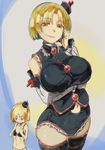  alternate_breast_size black_legwear blonde_hair breasts curvy detached_sleeves flat_chest fundoshi hand_on_own_chest hat huge_breasts imagining japanese_clothes large_breasts lunasa_prismriver navel thighhighs touhou yellow_eyes yohane 
