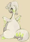  beige_background dragon from_behind full_body gen_6_pokemon glitchedpuppet goodra green_eyes highres looking_at_viewer looking_back no_humans pokemon pokemon_(creature) signature simple_background sitting slime solo tongue tongue_out white_skin 