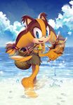  2016 ade-andario anthro badger barefoot black_nose blue_eyes clothing cloud detailed female fish mammal marine mustelid shell solo sonic_(series) sonic_boom sticks_the_jungle_badger video_games water 