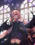  bare_shoulders black_legwear black_wings blonde_hair breasts character_request commission earrings eyebrows_visible_through_hair hair_ornament jewelry kimpeul long_hair looking_at_viewer mabinogi medium_breasts pointy_ears solo thighhighs wings yellow_eyes 