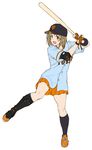  :d baseball_bat baseball_cap baseball_jersey batting_stance blue_shirt brown_eyes brown_hair elbow_pads full_body gloves hat holding_baseball_bat idolmaster idolmaster_cinderella_girls left-handed looking_at_viewer mimura_kanako nigou nippon_professional_baseball open_mouth orange_footwear orange_gloves orange_skirt pleated_skirt shin_guards shirt short_hair simple_background skirt smile solo white_background yomiuri_giants 