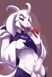  &lt;3 2018 anthro asriel_dreemurr caprine claws clothed clothing conditional_dnp fur goat horn kayla-na licking looking_at_viewer male mammal monster navel open_mouth penis red_eyes saliva simple_background standing teeth tongue tongue_out undertale video_games white_fur 