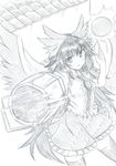  aiming aiming_at_viewer arm_cannon arm_up bangs bird_wings blouse blush bow breasts buttons cape charging collar collared_blouse control_rod cowboy_shot energy_ball eyebrows_visible_through_hair frilled_blouse frilled_skirt frills graphite_(medium) greyscale hair_between_eyes hair_bow highres long_hair looking_at_viewer mahiro_(akino-suisen) monochrome open_mouth pointing pointing_up puffy_short_sleeves puffy_sleeves reiuji_utsuho short_sleeves skindentation skirt small_breasts solo subterranean_animism sun thighhighs third_eye touhou traditional_media very_long_hair weapon wings 