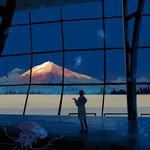  androgynous bangqiao_yan blue_sky cloud day from_behind hand_up highres hood indoors jellyfish mount_fuji original sky tree window 