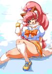  1girl animal_ears ass bare_legs bare_shoulders breasts cat_ears curvy female highres large_breasts leotard looking_at_viewer paw_print perisie_(star_ocean) pink_hair ponytail red_eyes ryoi school_uniform shiny shiny_hair shiny_skin shoes simple_background sitting skirt smile solo star_ocean star_ocean_first_departure tail thick_thighs thighhighs thighs very_long_hair wink 