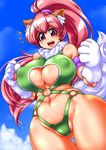  1girl animal_ears bare_legs bare_shoulders breasts cat_ears cleavage cleavage_cutout curvy female heart_cutout highleg_leotard highres large_breasts leotard partially_visible_vulva paw_print perisie_(star_ocean) pink_hair ponytail red_eyes ryoi shiny shiny_clothes shiny_hair shiny_skin simple_background sky smile solo standing star_ocean star_ocean_first_departure tail thick_thighs thighhighs thighs thong_leotard very_long_hair 